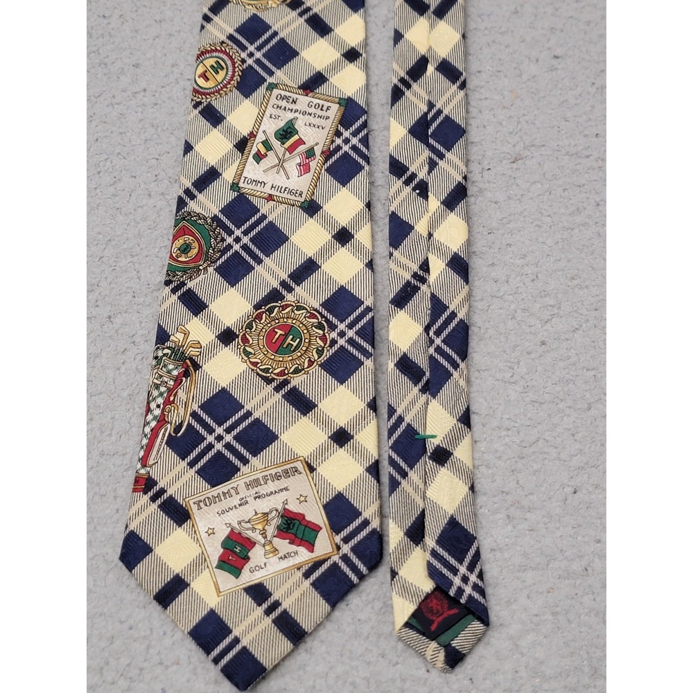 Tommy Hilfiger Tie Mens One Size Navy Yellow Plaid‎ Golf Championship Silk